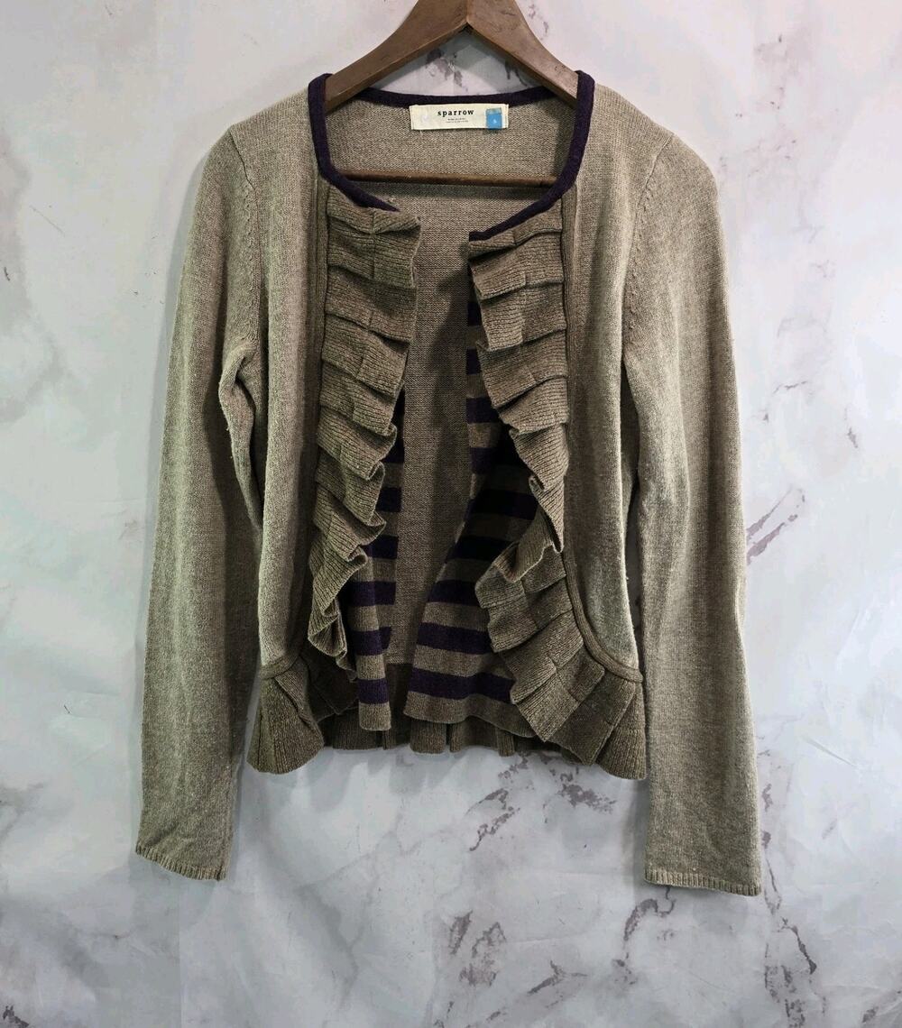 Anthropologie Cardigan Womens Small Brown Purple Striped Wool Sparrow Ruffle